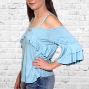 🔴 Ruffle Sleeve Cold Shoulder Top Dusty Blue